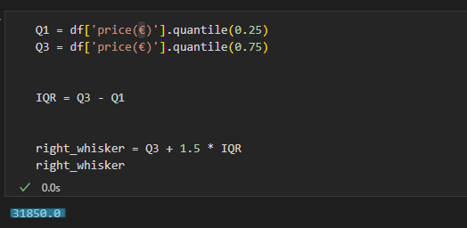 Jupyter notebook — calculating the right whisker threshold for price outlier removal